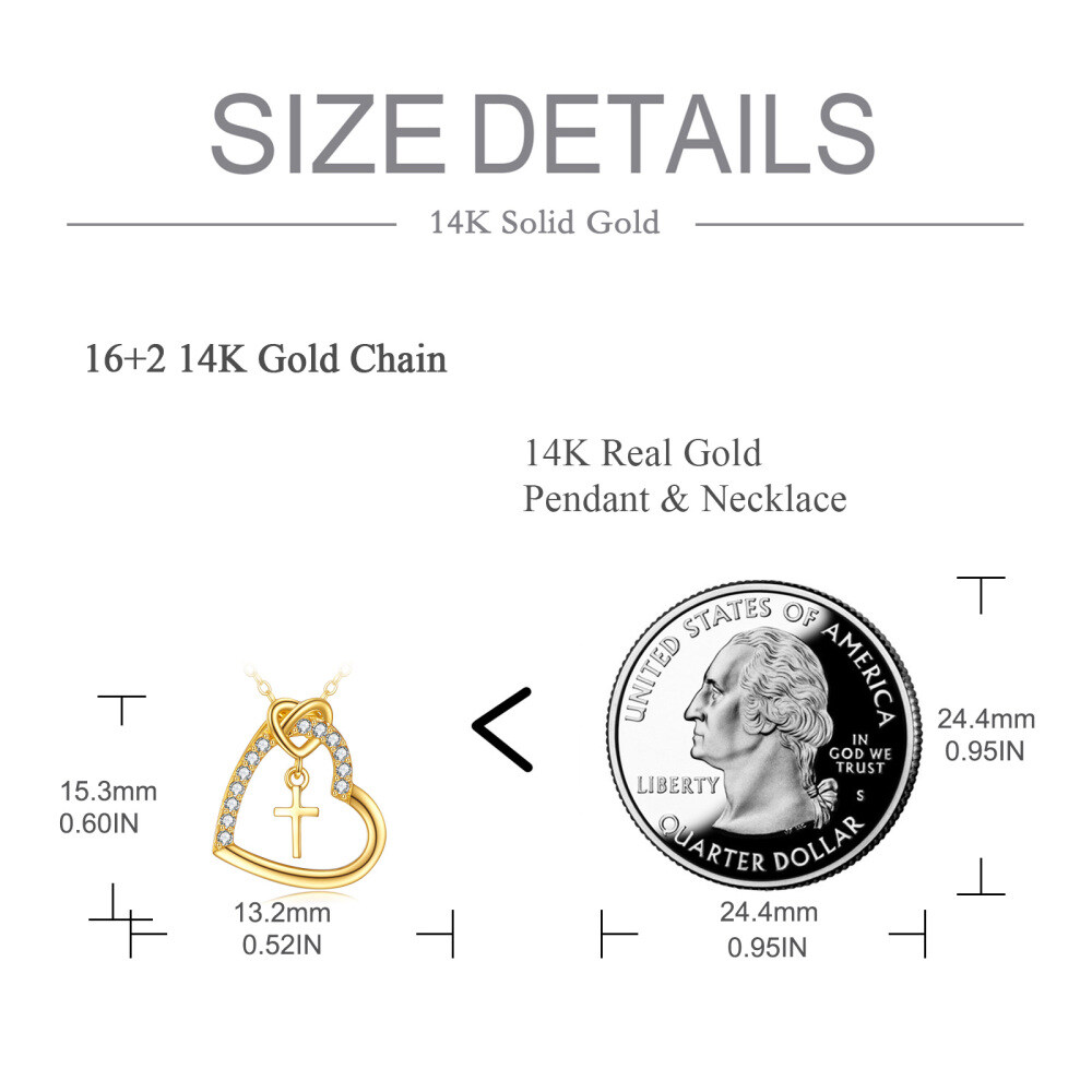 10K Gold Round Zircon Cross & Heart Pendant Necklace-5