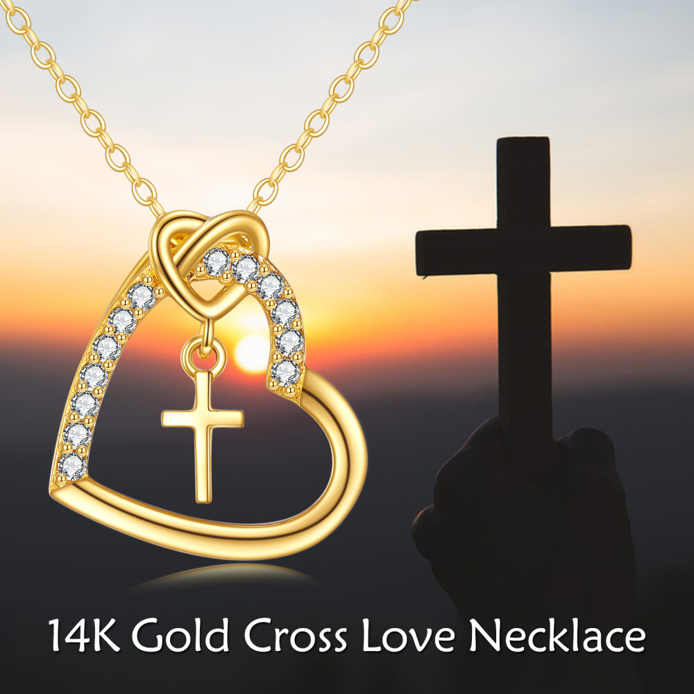 10K Gold Round Zircon Cross & Heart Pendant Necklace-6