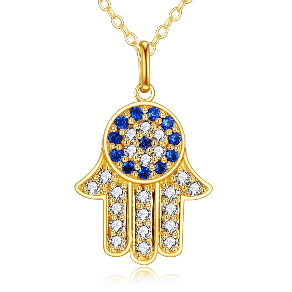 10K Gold Round Zircon Evil Eye & Hamsa Hand Pendant Necklace-1