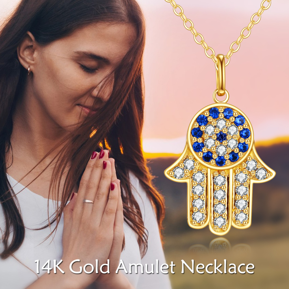 10K Gold Round Zircon Evil Eye & Hamsa Hand Pendant Necklace-4