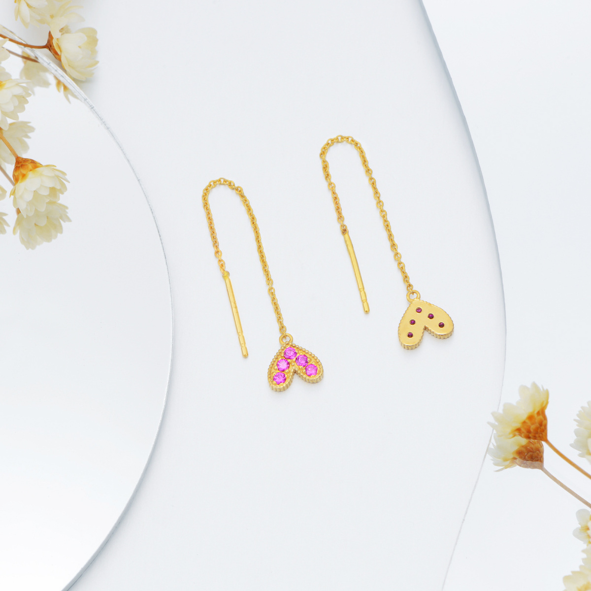 Boucles d'oreilles pendantes en or 14K avec zircon rond en forme de coeur-4