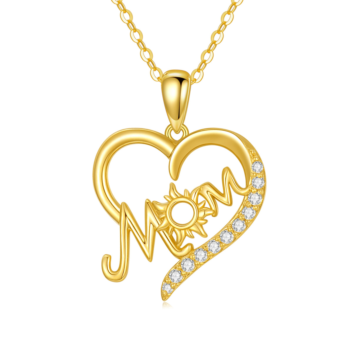 Collana con ciondolo a cuore con zircone rotondo in oro 14K-1