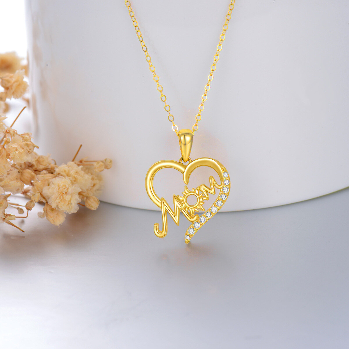 Collana con ciondolo a cuore con zircone rotondo in oro 14K-3