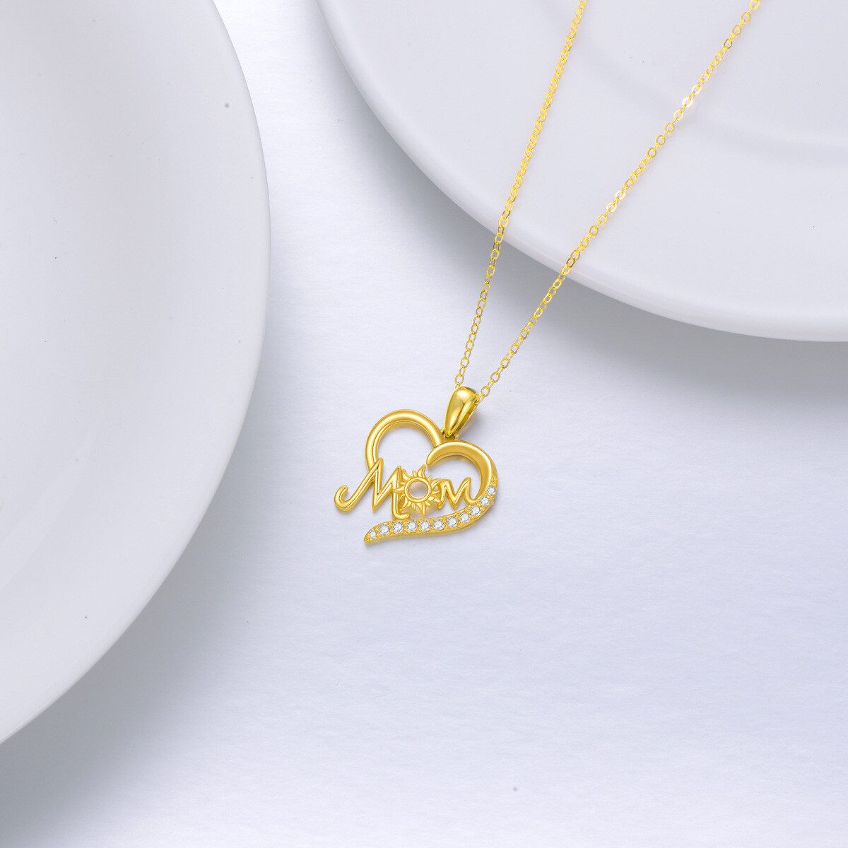 Collana con ciondolo a cuore con zircone rotondo in oro 14K-4