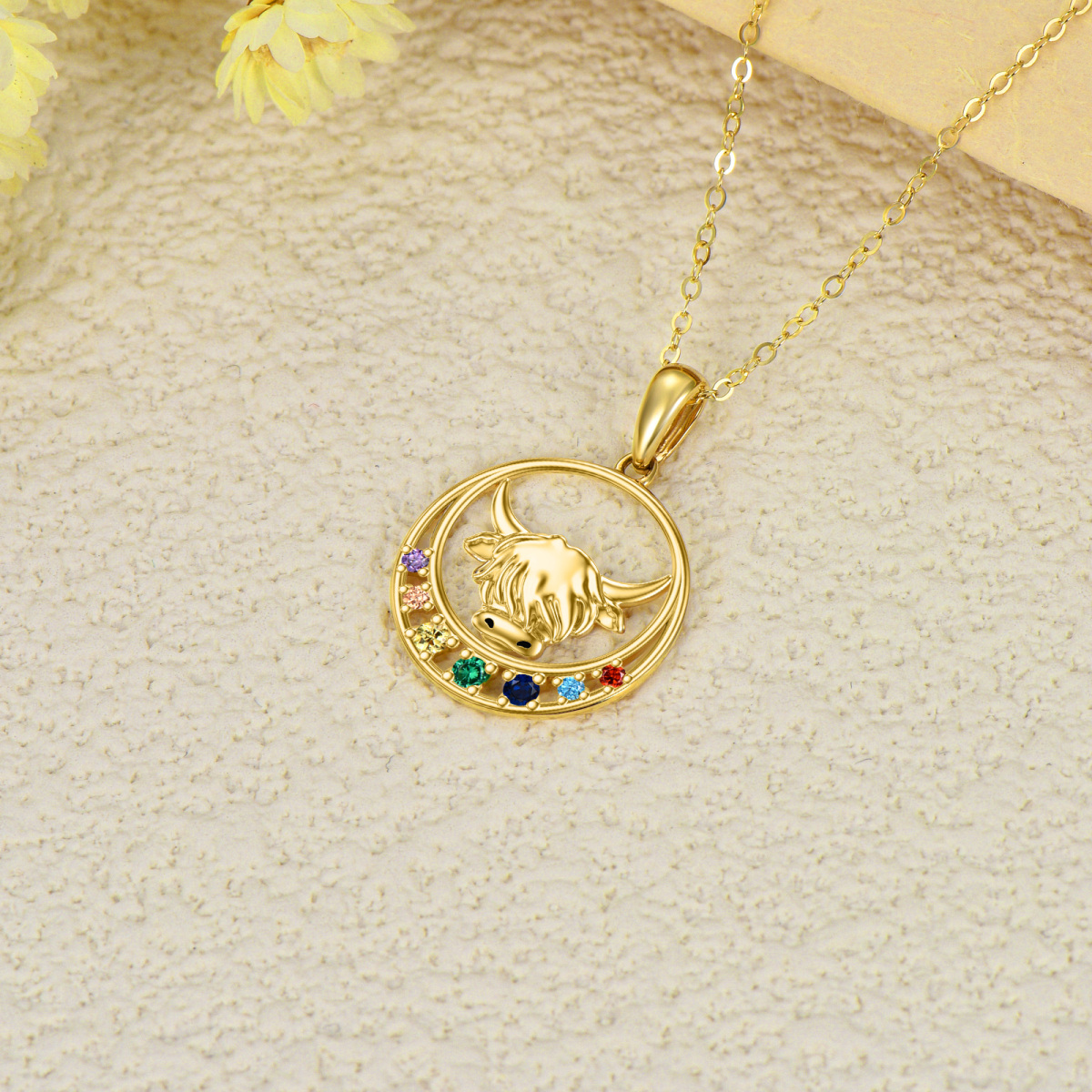 10K Gold Round Zircon Highland Cow & Chakras Pendant Necklace For Women-3