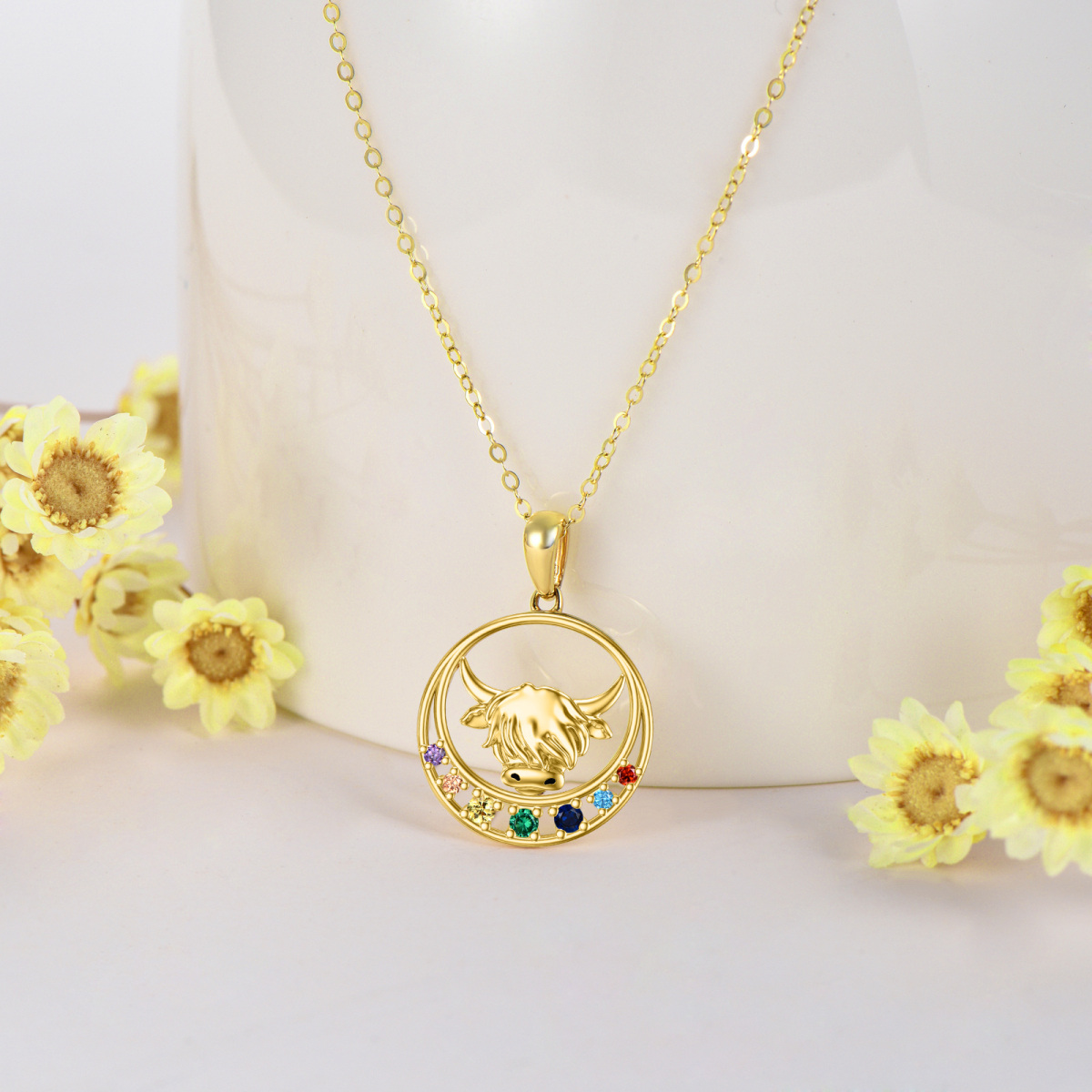 10K Gold Round Zircon Highland Cow & Chakras Pendant Necklace For Women-4