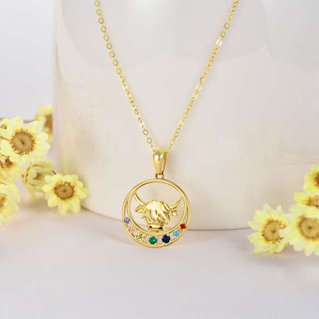 14K Gold Round Zircon Highland Cow & Chakras & Moon Pendant Necklace-4