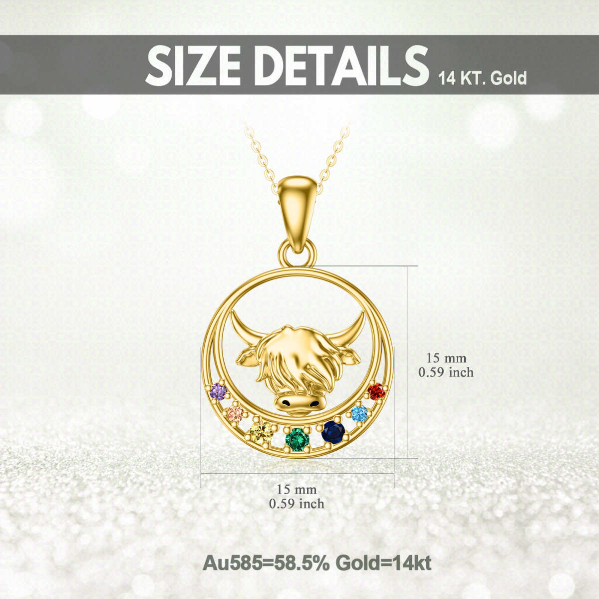 10K Gold Round Zircon Highland Cow & Chakras Pendant Necklace For Women-5