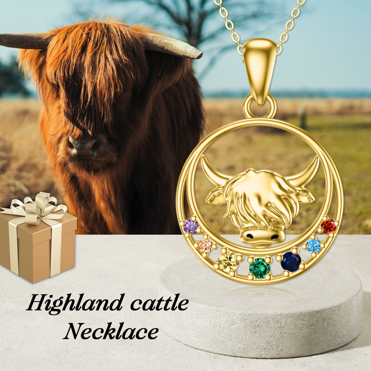 14K Gold Round Zircon Highland Cow & Chakras & Moon Pendant Necklace-6