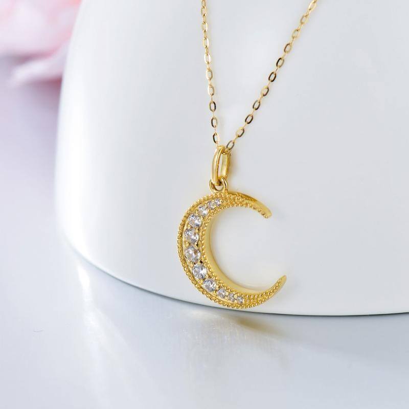 14K Gold Round Zircon Moon Pendant Necklace-3