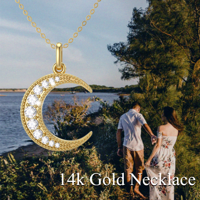 14K Gold Round Zircon Moon Pendant Necklace-4