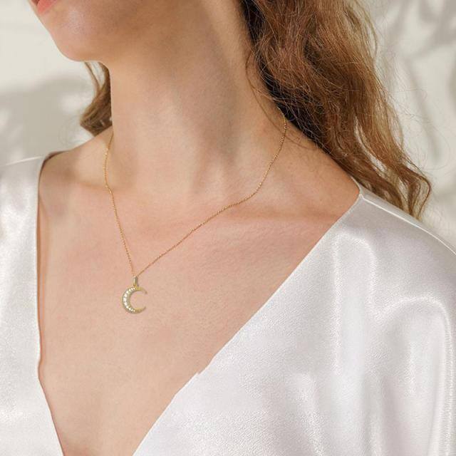 14K Gold Round Zircon Moon Pendant Necklace-6