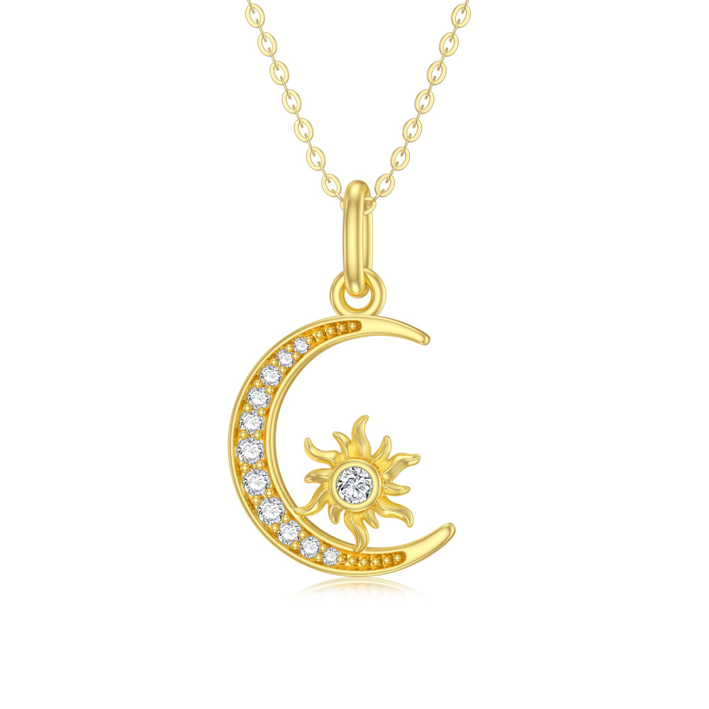 10K Gold Round Zircon Moon & Sun Pendant Necklace-1