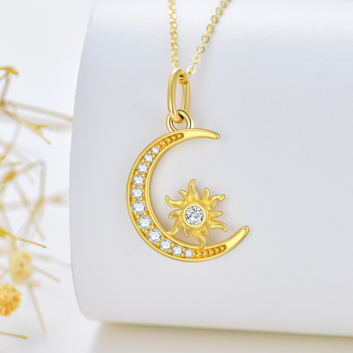 14K Gold Runde Zirkon Mond & Sonne Anhänger Halskette-3