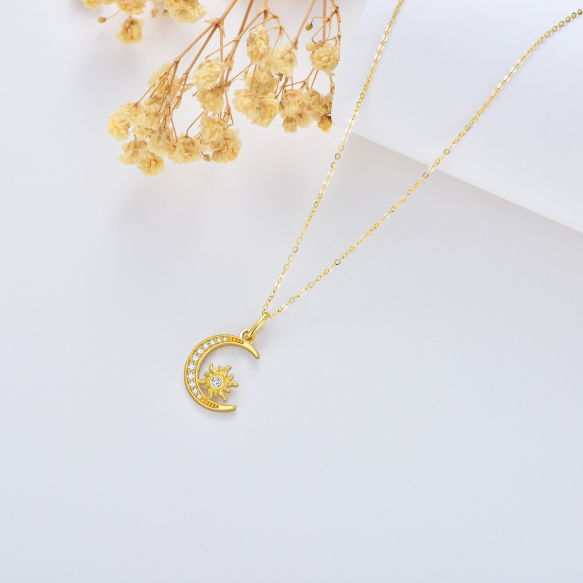 14K Gold Round Zircon Moon & Sun Pendant Necklace-4