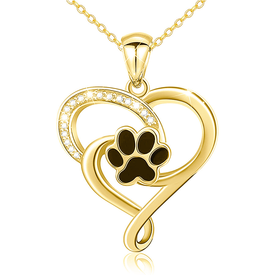 10K Gold Round Zircon Paw & Heart Pendant Necklace-1