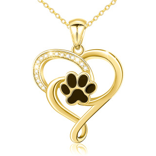 10K Gold Round Zircon Paw & Heart Pendant Necklace-21