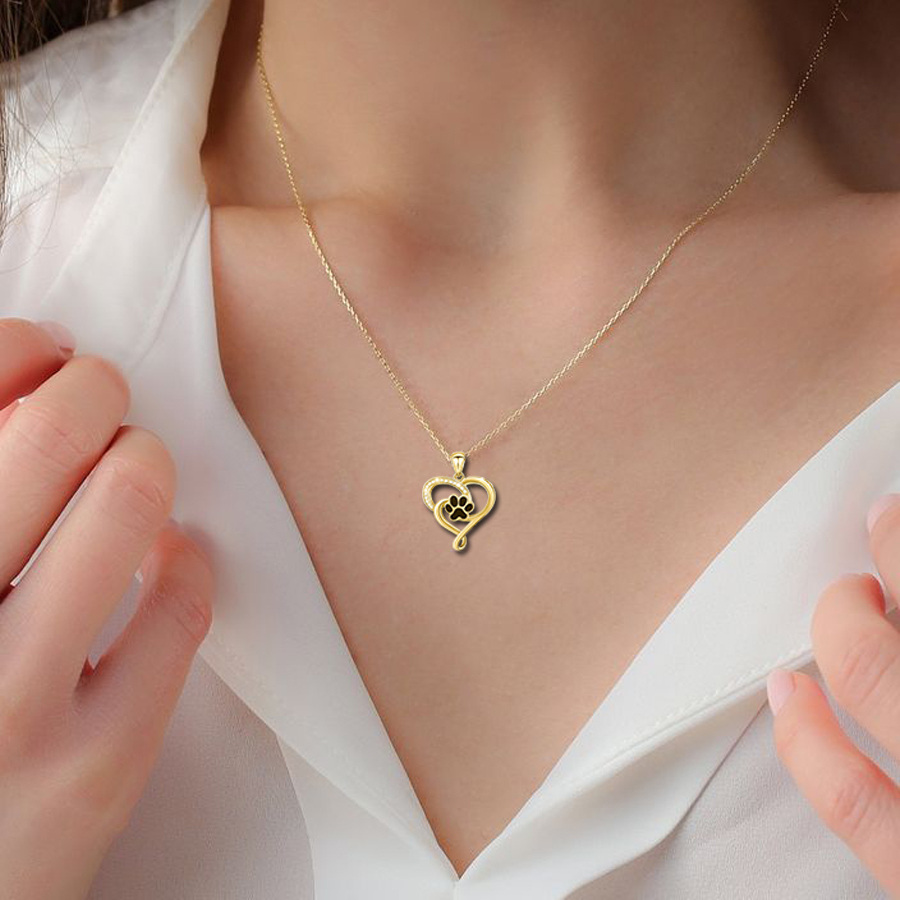 10K Gold Round Zircon Paw & Heart Pendant Necklace-2