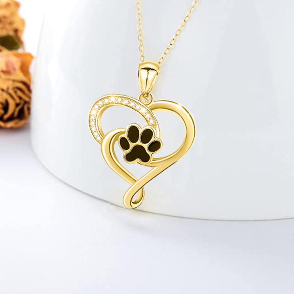 10K Gold Round Zircon Paw & Heart Pendant Necklace-3