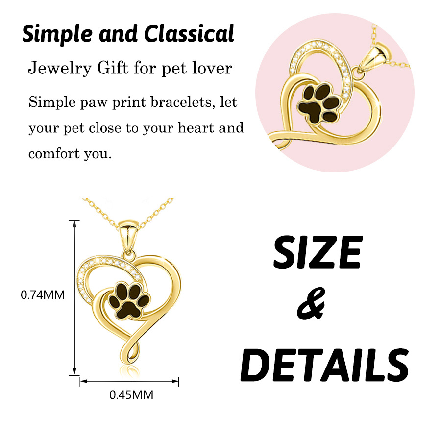 10K Gold Round Zircon Paw & Heart Pendant Necklace-4