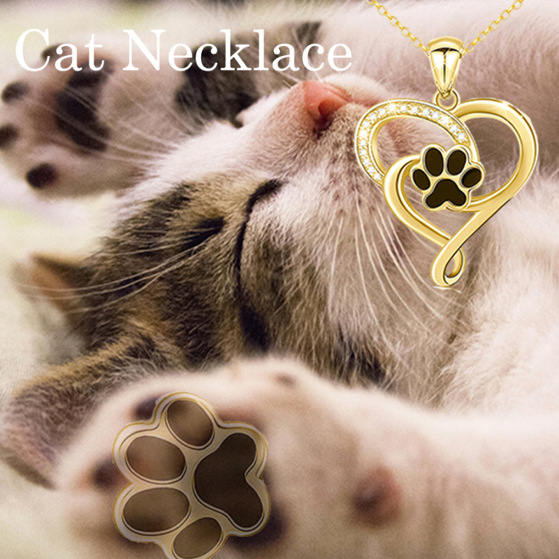 10K White Gold Round Cut Cubic Zirconia Paw & Heart Pendant Necklace-5