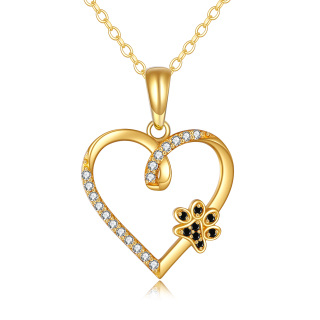 10K Gold Round Zircon Paw & Heart Pendant Necklace-9