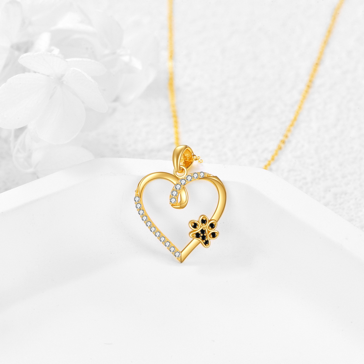 14K Gold Round Zircon Paw & Heart Pendant Necklace-3