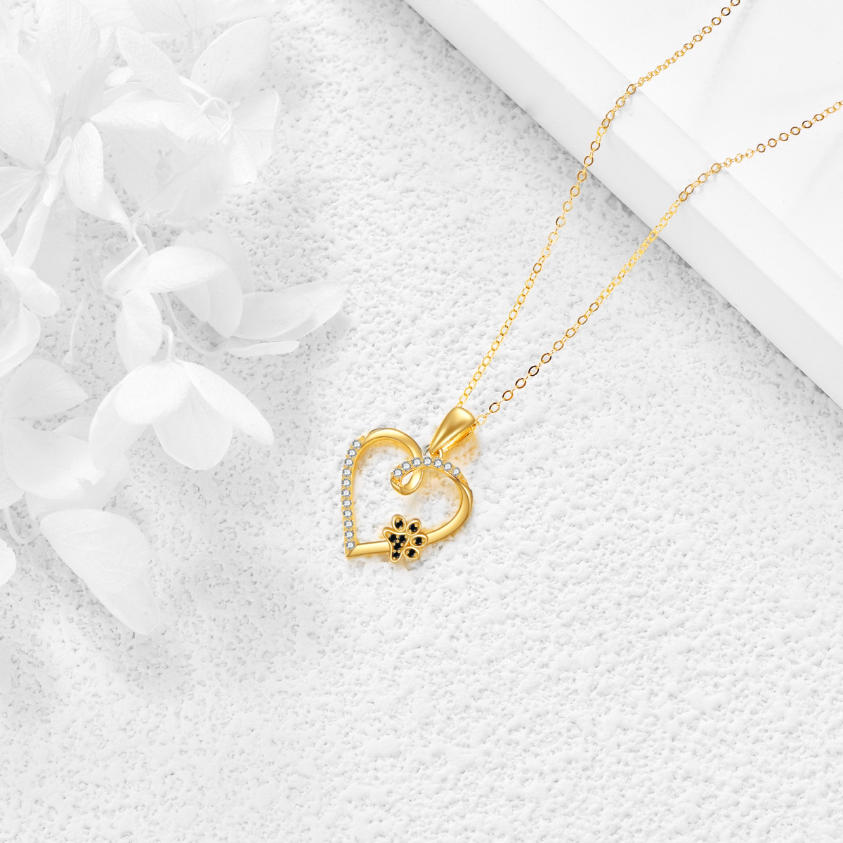 14K Gold Round Zircon Paw & Heart Pendant Necklace-4