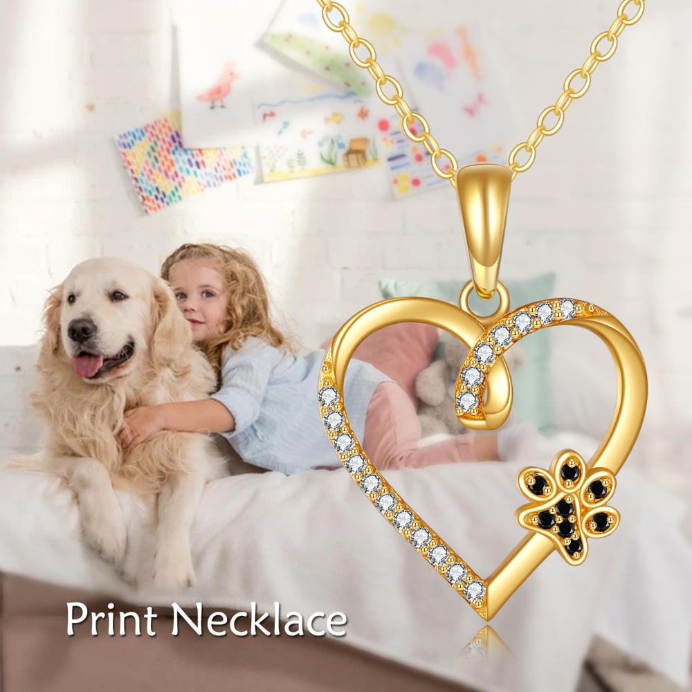 10K Gold Round Zircon Paw & Heart Pendant Necklace-6