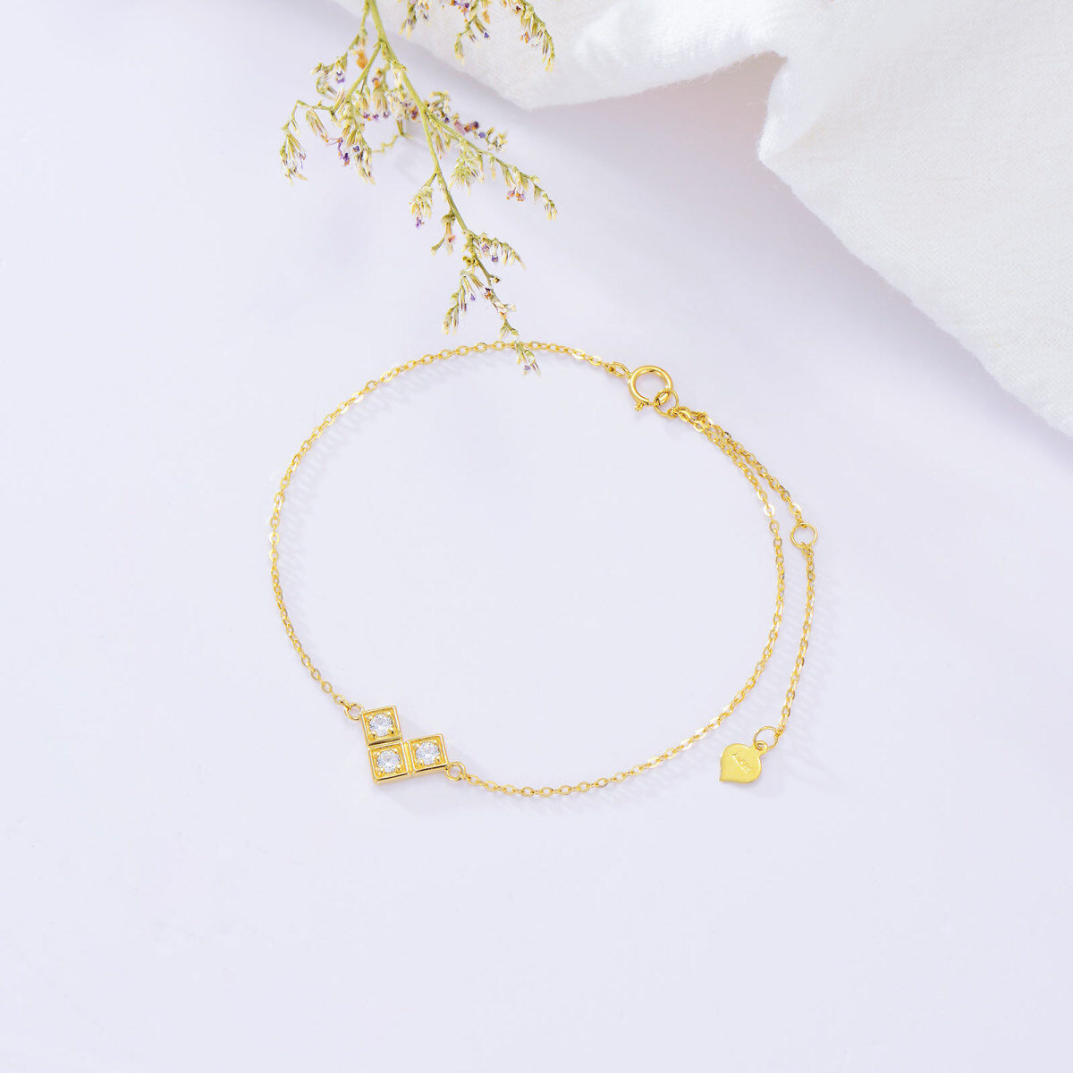 Pulsera Colgante Cuadrada Circonita Redonda Oro 14K-3