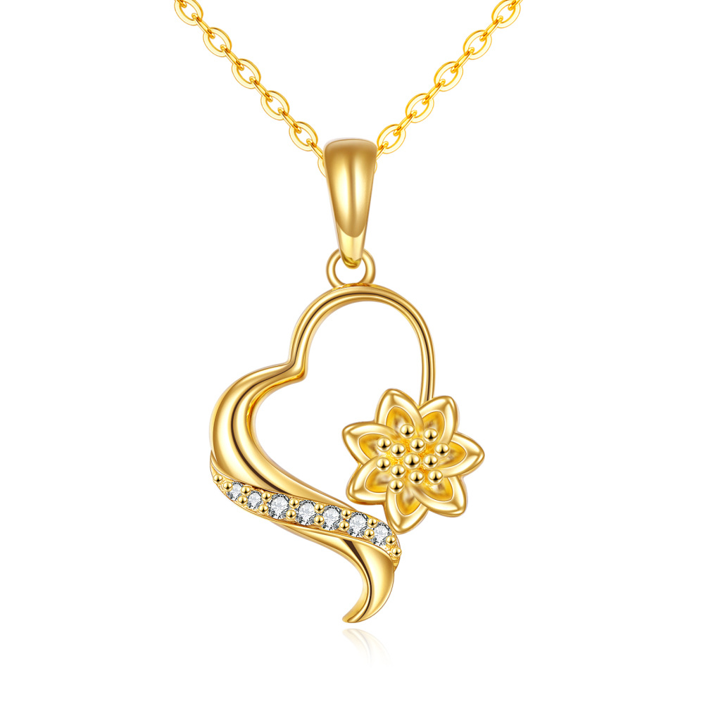 10K Gold Round Zircon Sunflower & Heart Pendant Necklace-1