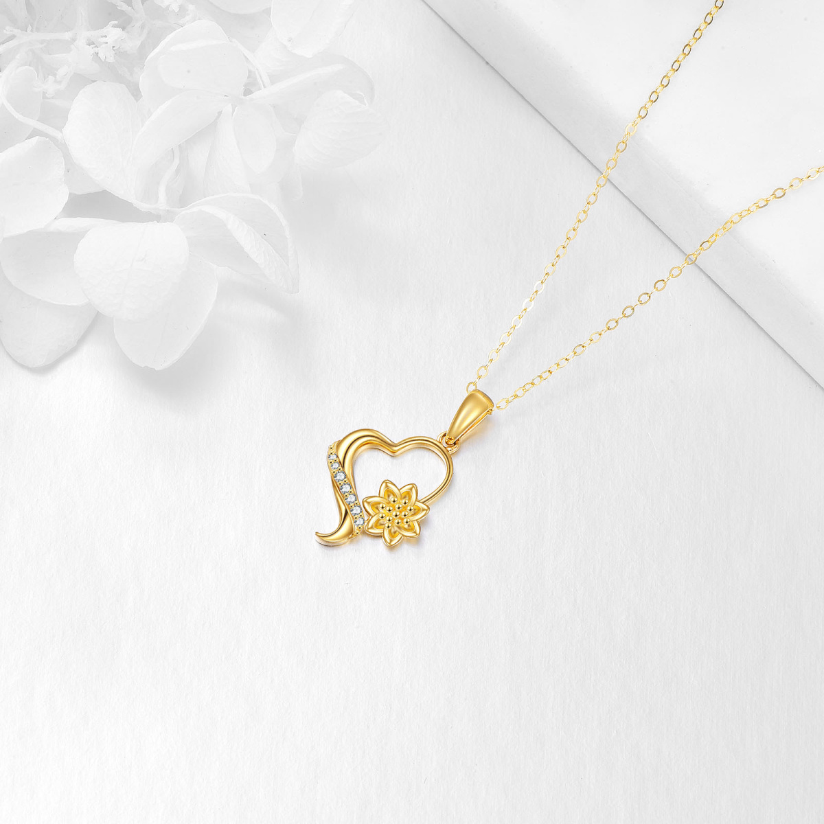 14K Gold Round Zircon Sunflower & Heart Pendant Necklace-3