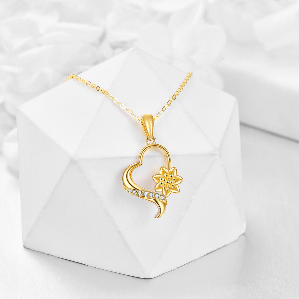 10K Gold Round Zircon Sunflower & Heart Pendant Necklace-4