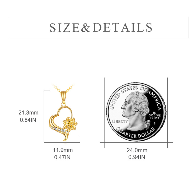 10K Gold Round Zircon Sunflower & Heart Pendant Necklace-5