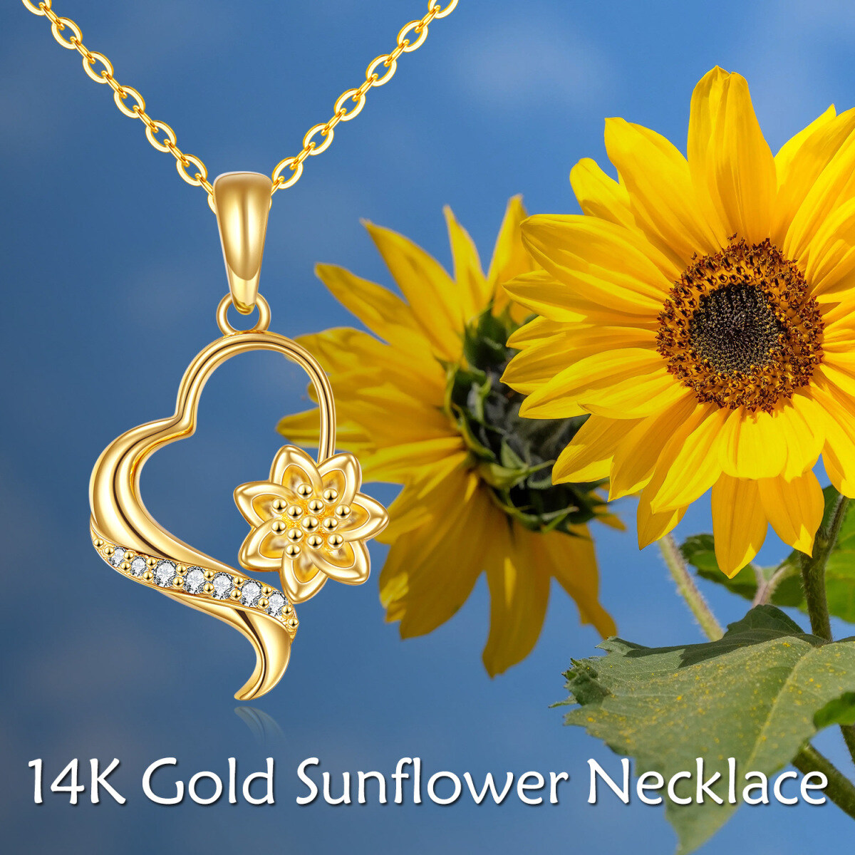 14K Gold Round Zircon Sunflower & Heart Pendant Necklace-6