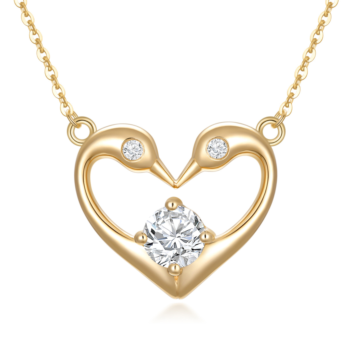 Collier en or 14K avec pendentif cygne et coeur en zircon rond-1