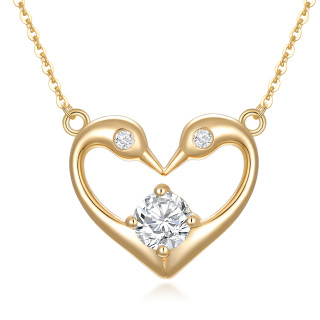 14K Gold Round Zircon Swan & Heart Pendant Necklace-28