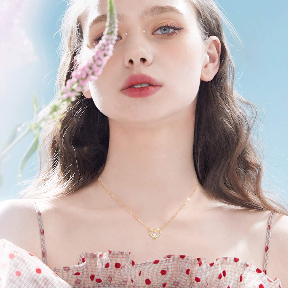 18K Gold Round Zircon Swan & Heart Pendant Necklace-2