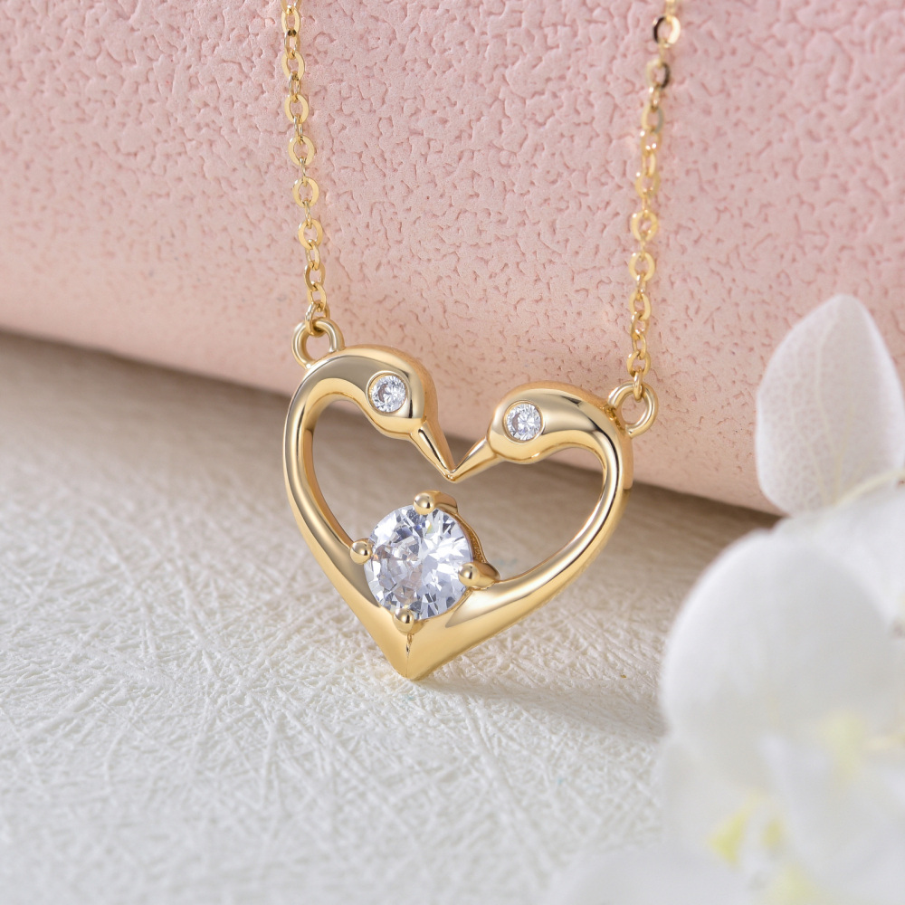 18K Gold Round Zircon Swan & Heart Pendant Necklace-3