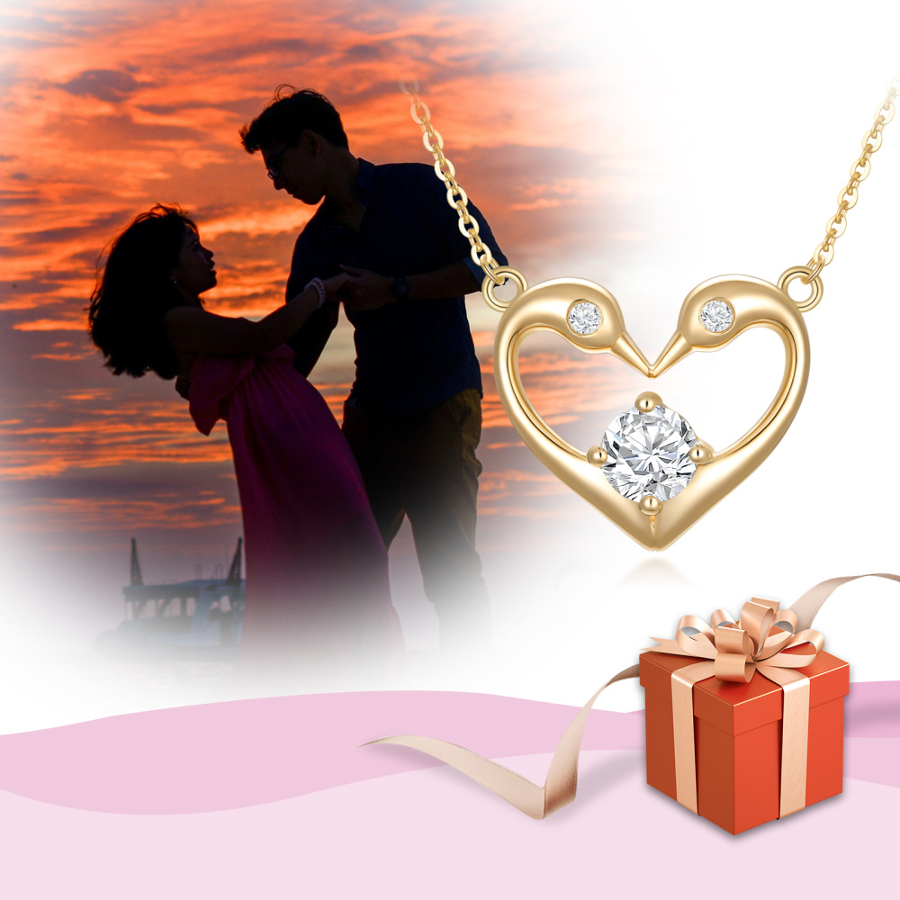 18K Gold Round Zircon Swan & Heart Pendant Necklace-4
