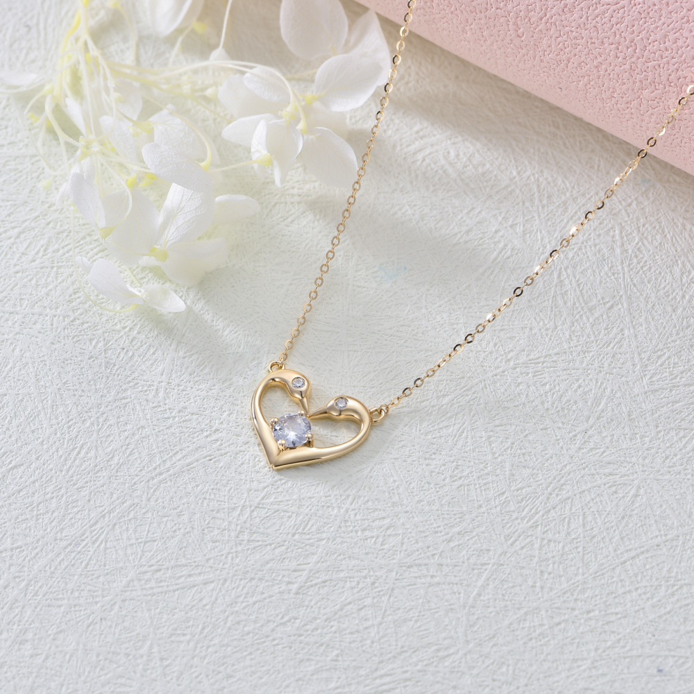 18K Gold Round Zircon Swan & Heart Pendant Necklace-5