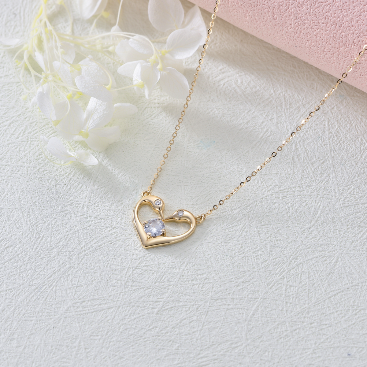 Collar Colgante Cisne y Corazón Circonitas Redondas Oro 14K-5