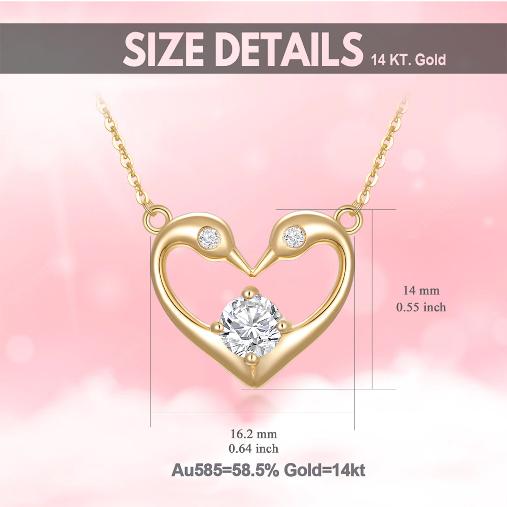 18K Gold Round Zircon Swan & Heart Pendant Necklace-6