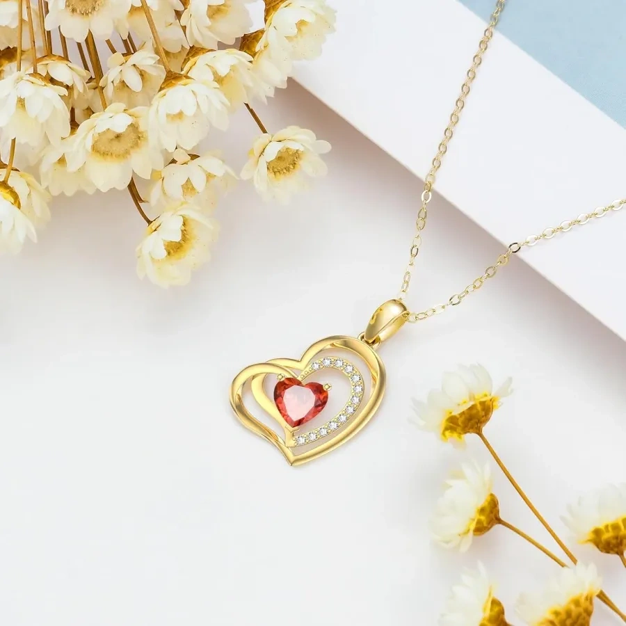 14K Gold Ruby Couple Mother Heart With Heart Pendant Necklace Gemstone Necklaces-3