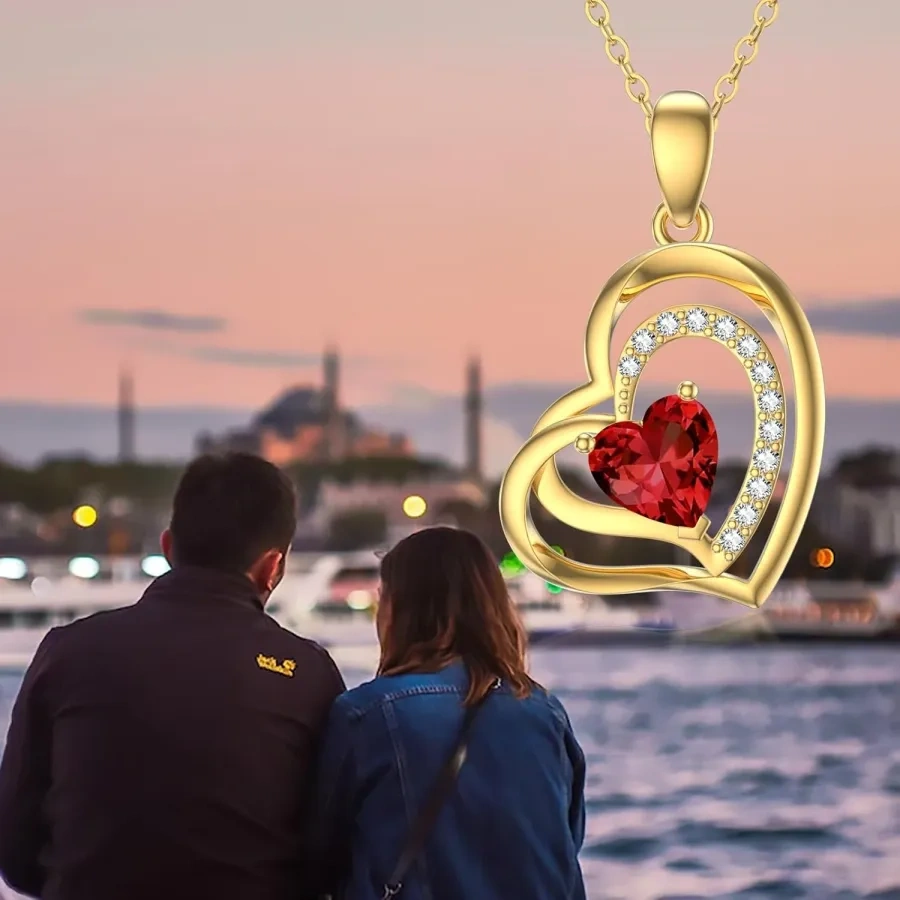 14K Gold Ruby Couple Mother Heart With Heart Pendant Necklace Gemstone Necklaces-5