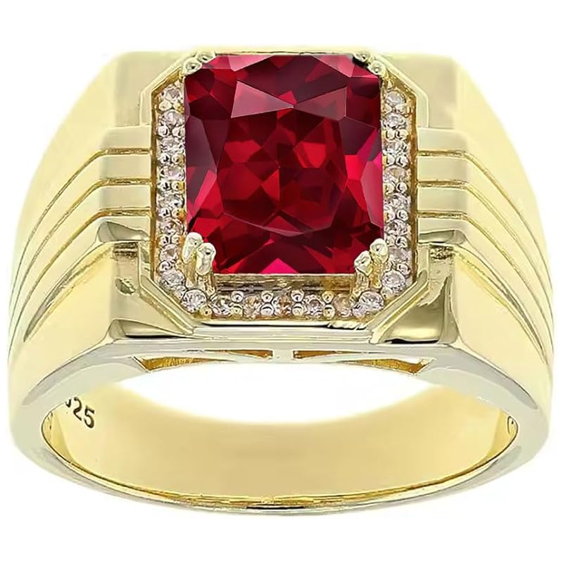 14K Gold Ruby with Diamonds Halo Emerald Cut Custom Engagement Ring for Men-1