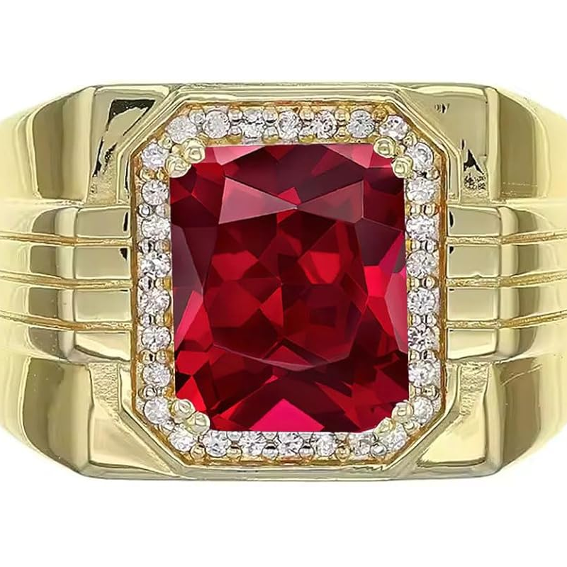 14K Gold Ruby with Diamonds Halo Emerald Cut Custom Engagement Ring for Men-2