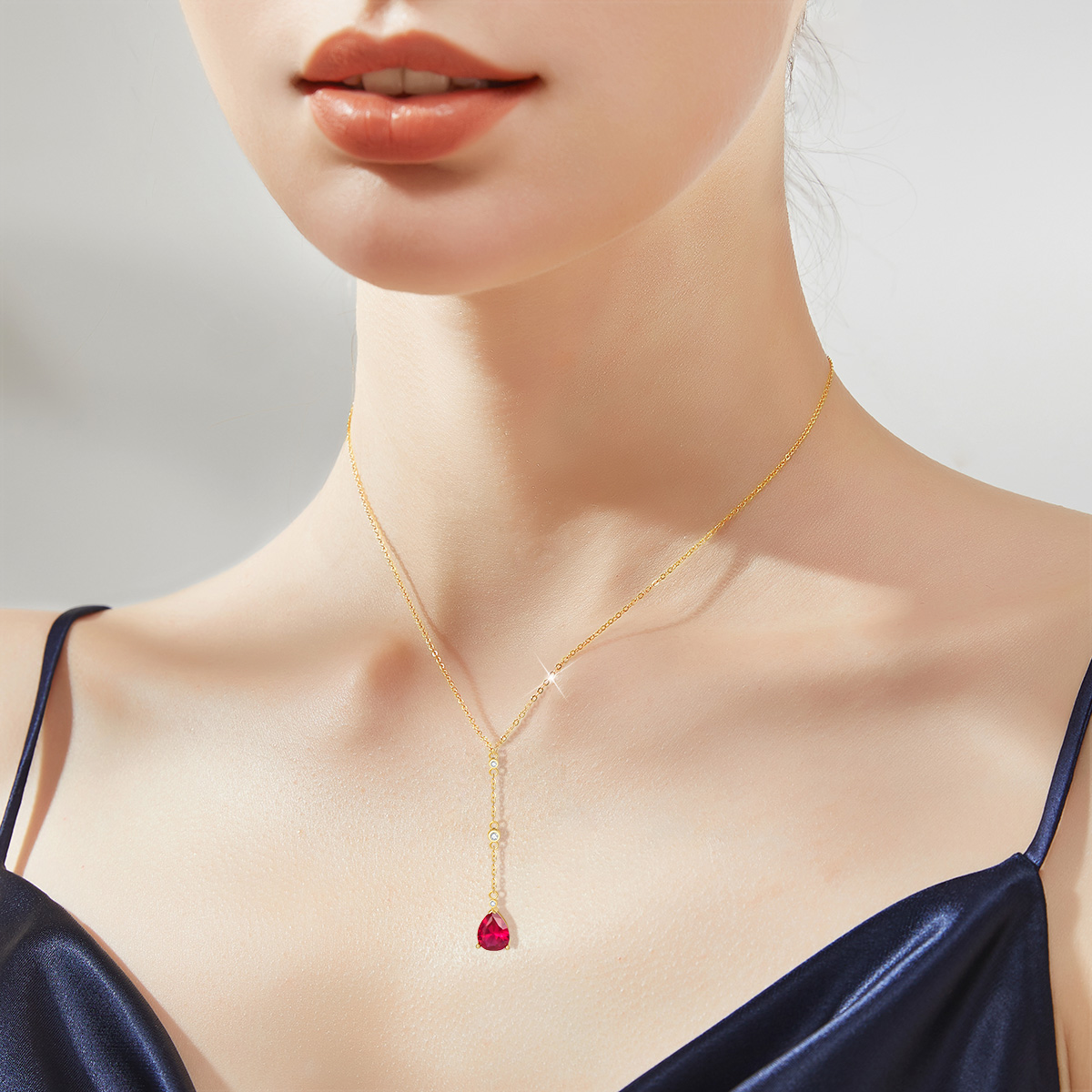14K Gold Cubic Zirconia & Ruby Drop Shape Non-adjustable Y-Necklace-2