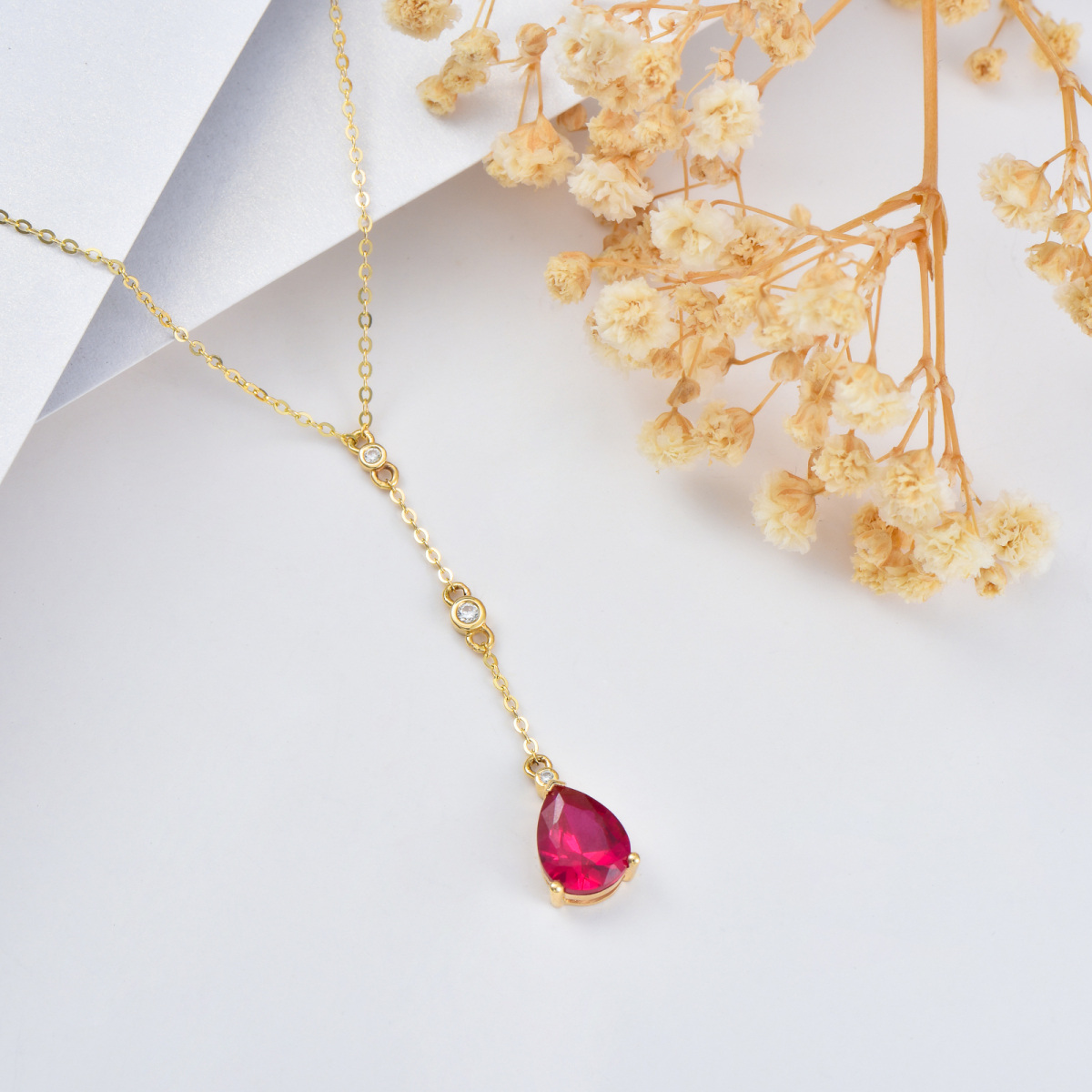 14K Gold Cubic Zirconia & Ruby Drop Shape Non-adjustable Y-Necklace-3