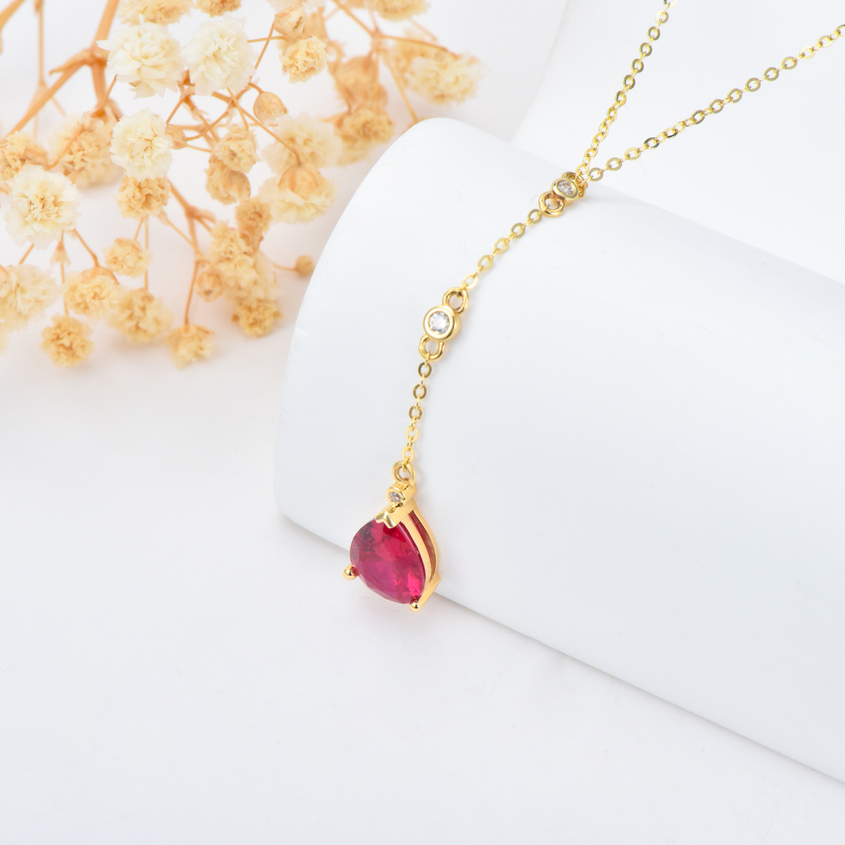 14K Gold Cubic Zirconia & Ruby Drop Shape Non-adjustable Y-Necklace-4